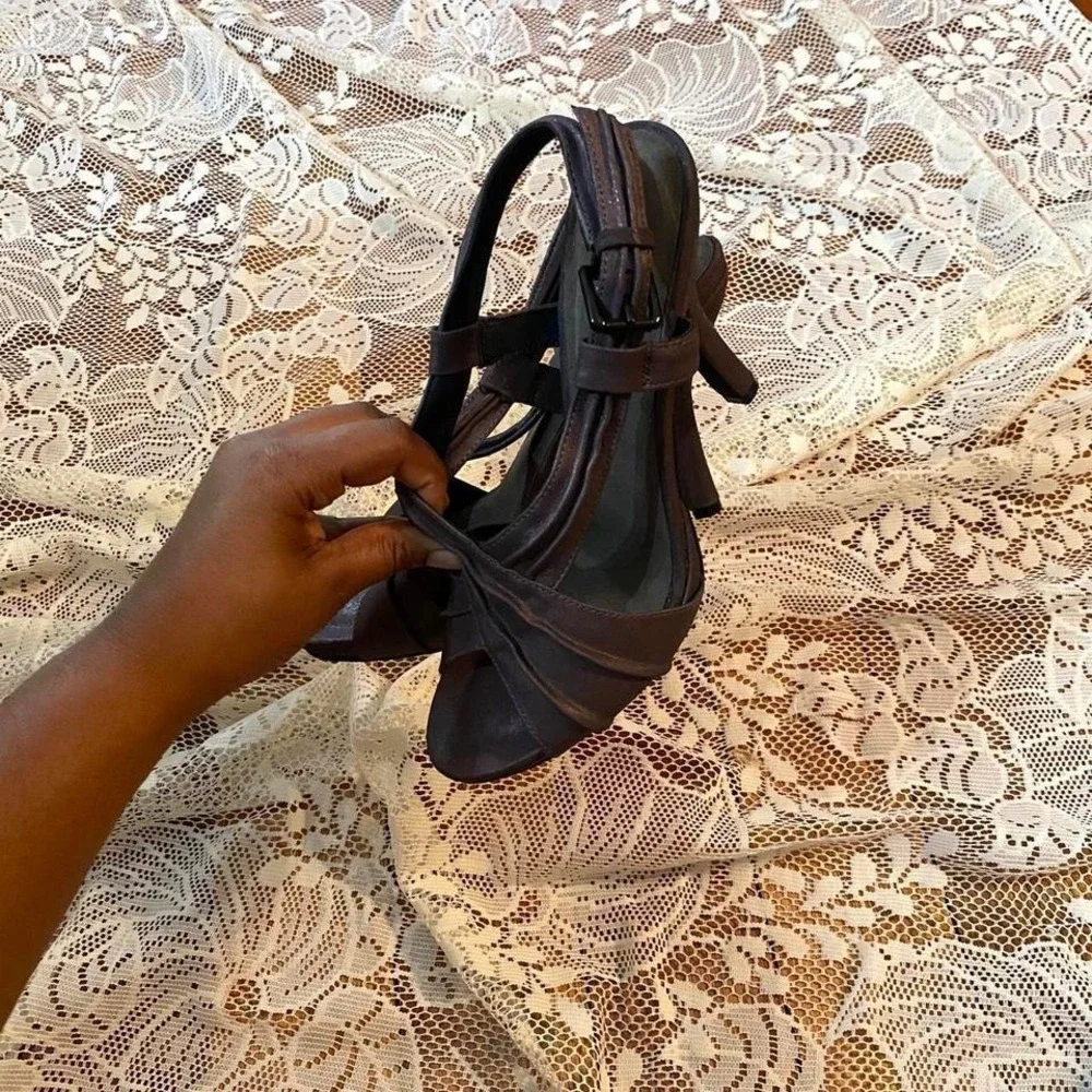 Auri Womens Italian Leather Brown Purple Metallic Peep Toe Stiletto Heels Sz 9 - Picture 2 of 6